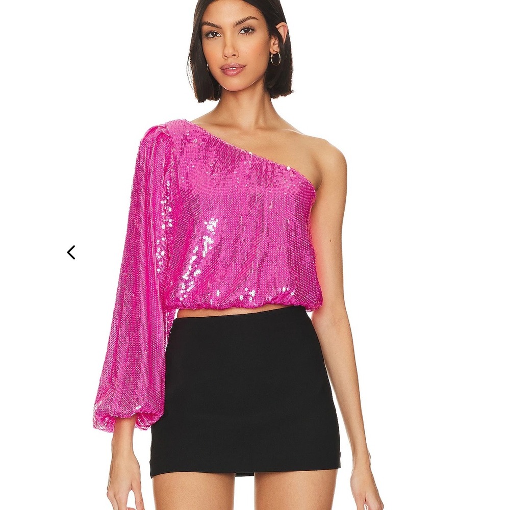 Show Me Your Mumu Pink Sequin One Shoulder Balloon Sleeve Party Crop Top Med NEW
